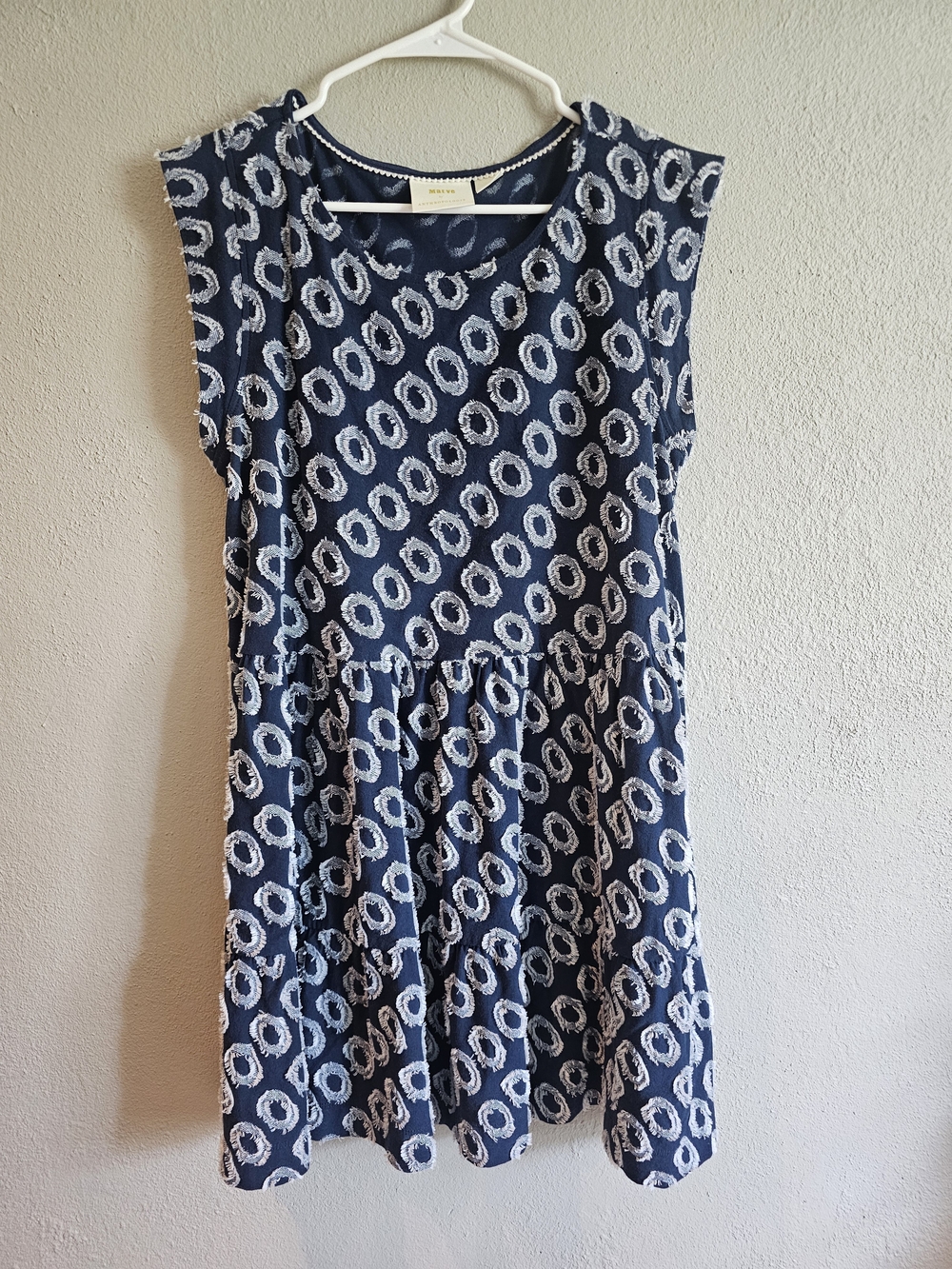 Maeve Anthropologie Navy Mini Dress White Textured Pockets M/P Boho Cottagecore